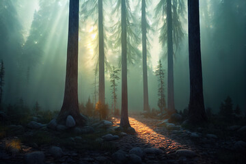Dramatic light in a dark forest, a mysterious and surreal image.