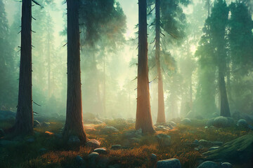 Dramatic light in a dark forest, a mysterious and surreal image.