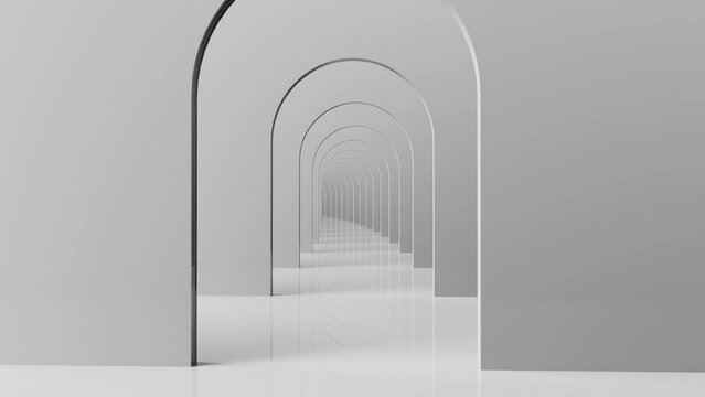Flight along a futuristic white corridor with white walls and bright lights, 3d animation