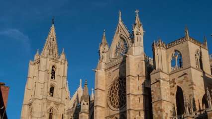 Gothic cathedral in Leon. Historic street in the ancient Spanish city in Castile and Leon region