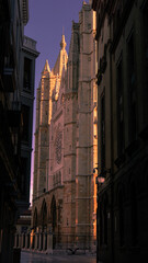 Gothic cathedral in Leon. Historic street in the ancient Spanish city in Castile and Leon region