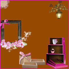 Brown background with photo frame and with various decorations flowers invitation for various occasions