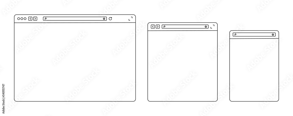 Poster Browser window template in  line design. Blank web page with toolbar and search. Web window for PC, tablet, laptop and smartphone. Browser or app mockups. Vector.