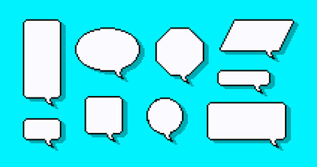 Pixel speech bubbles or chat icon. Pixel art communication bubbles with shadow. Set of empty pixelated template of quick tips badge or message box in 8 bit style. Vector. - obrazy, fototapety, plakaty