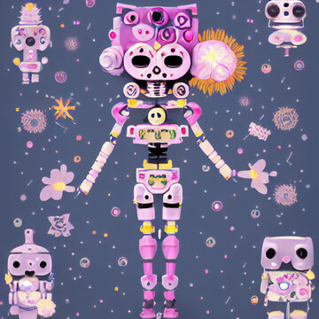 Portrait of a Cute Robot attending the Day of the Dead Festival, wearing flower decorations and Sugar Skull make-up in the style of Dia De Los Muertos