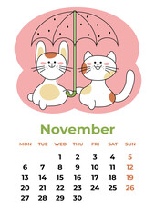 November 2023. Calendar sheet with the symbols of the year that stand under an umbrella in the rain. Cartoon vector illustration.