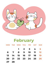February 2023. Calendar sheet with a rabbit giving a gift to a cat for February 14th. Cartoon vector illustration.