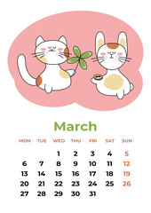 March 2023. Calendar sheet with year symbols, quatrefoil, coin. Cartoon vector illustration.