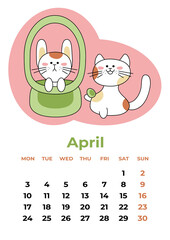 April 2023. Calendar sheet with a rabbit in a basket and a cat with an egg. Cartoon vector illustration.