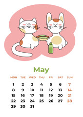May 2023. Calendar sheet with symbols of the year with hotdog and water bottle. Cartoon vector illustration.