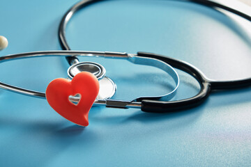 high angle view shot of arrangement equipment medical background concept.Red heart & stethoscope.