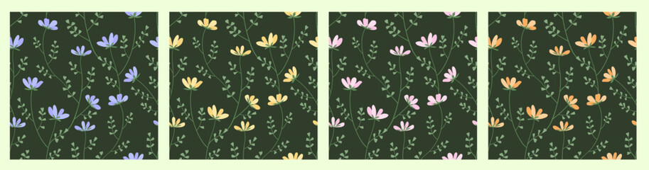 Vector floral seamless pattern. Set of leaves, wildflowers, twigs, floral arrangements. Beautiful compositions of field grass and bright spring flowers on dark green background.
