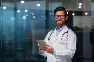 Portrait of mature and experienced doctor, man in medical coat and glasses looking at camera, doc...