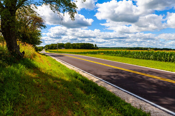 American Country Road Side View With Blue Sky