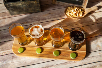 Different flavors of craft beer in the brewery