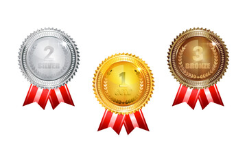 Champion Gold, Silver and Bronze Medal with Red Ribbon Icon Sign First, Secondand Third Place Collection Set Isolated