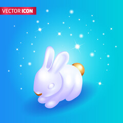 Realistic 3D Isometric illustration, Cartoon. Little white Christmas bunny, hare with a golden tail. Symbol of 2023, on a bright blue background. Holiday greeting card. Vector for web Design