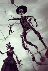 Marionetten an Seilen in der Luft Surreal Abstrakt Digitale Art Illustration AI Grafik Design