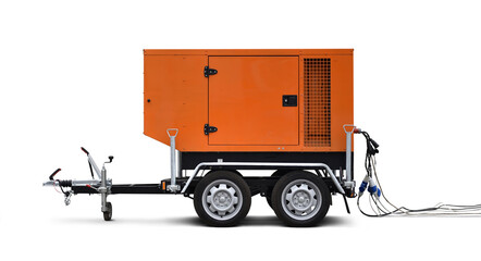 movable diesel electric generator on trailer with plugged wires is isolated on white background