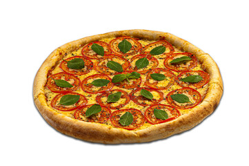 ..Pizza Margherita on white background. Copy space. Selective focus