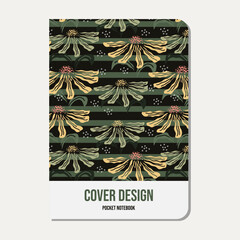 notebook cover template for planner, journal, booklet, paperback, stationery. Seamless sunflower pattern.