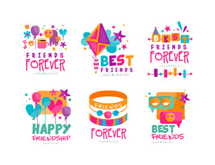 Friends Forever Logo Design with Balloons, Holiday Symbol and Bracelet Vector Set