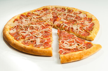 ..Pepperoni pizza on white background. Copy space. Selective focus