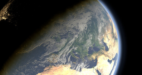 Planet Earth view from space of Europe, Ukraine and Russia with clouds and shadow 3D graphic render visualization © jankost