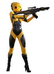 futuristic warrior in a yellow and black suit, armed with rifle, 3d render
