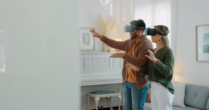 Vr gaming, young couple and virtual headset for metaverse experience at home playing game or interactive movie. Futuristic technology, 3d and virtual reality man and woman online for cyber fantasy