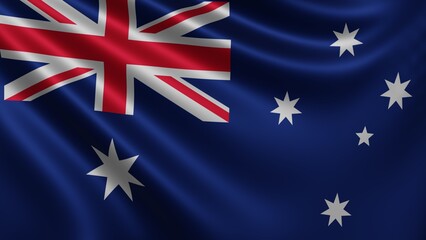 Render of the Australian flag flutters in the wind close-up, the national flag of Australia flutters in 4k resolution, close-up, colors: RGB. High quality photo