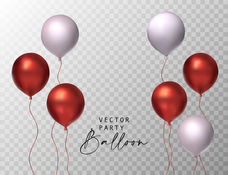 Balloon red white party set isolated on transparent background. Vector realistic 3d celebration birthday glossy gift