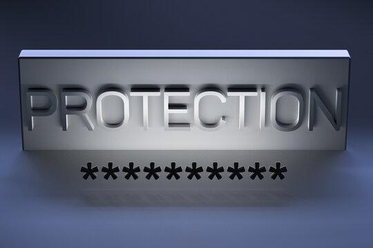 PROTECTION - the concept of protecting personal data online. Encrypted password and text PROTECTION metallic banner. 3D render.