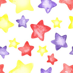 Hand drawn watercolor different colored and shaped stars as seamless pattern on white background. Aquarelle backdrop for web design, fabric, cards..