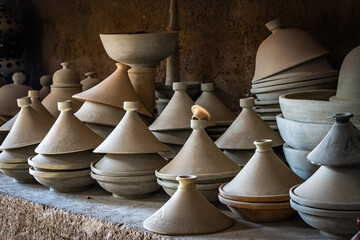 tajines, pots in the market, ceramics,  medina of fez, fes, fez el bali, morocco, north africa,...