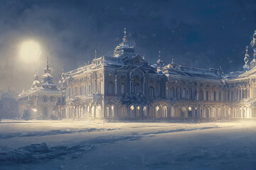 Beautiful Winter Palace with bathing places and columns. 3D illustration