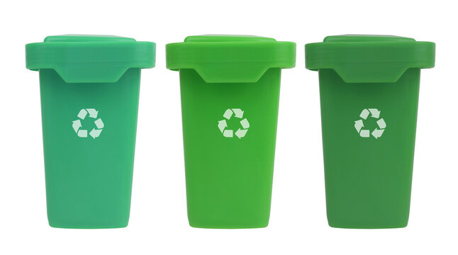 Three green trash cans waste container plastic recycle isolated on white background. Recycling environment ecology garbage can concept