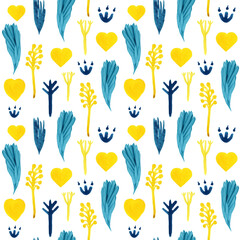 Seamless pattern in yellow blue colors, meaning the independence of Ukraine and its flag. Hand-drawn pictures on a white background...