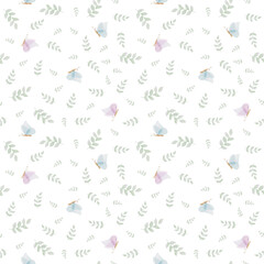 Watercolor seamless pattern with hand drawn butterflies and grass on white background. Cute design for wrappings, textile and backgrounds.