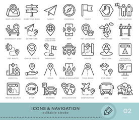 Fototapeta premium Set of conceptual icons. Vector icons in flat linear style for web sites, applications and other graphic resources. Set from the series - Navigation. Editable stroke icon.