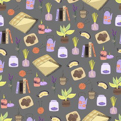 Doodle vector illustration. Modern hygge seamless pattern, great design for any purposes.