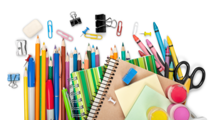 Colorful school supplies on white background