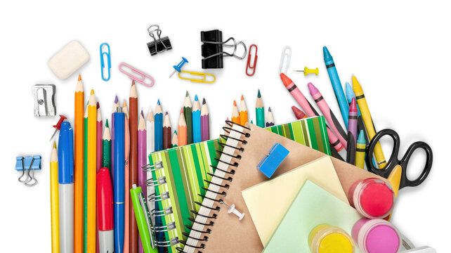 Colorful school supplies on white background