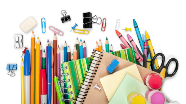 Colorful school supplies on white background