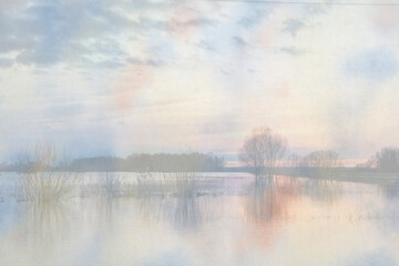 Fototapeta premium Watercolor background and photograph of a rural landscape with a river.