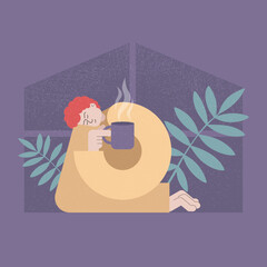 Vector illustration. Flat style. A man drinks coffee or tea in the morning by the window. Home, comfort, plants.