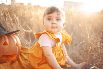 6 Month old baby in orange dress sit with pumpkin with black hat outdoor in the field in blanket at background dry grass . Helloween holiday concept