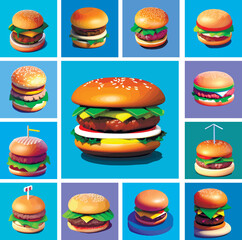 Set of isolated illustrations of burgers. Fun fast food in cartoon style. cheeseburger, hamburger 