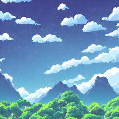 Obraz premium This is a beautiful mountain landscape with soft, serene colors. The sky is a gentle blue, and the mountains are a deep green. There are trees and flowers dotting the scene, adding pops of color. The 