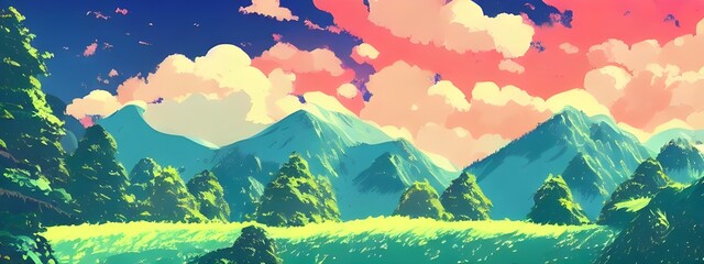 A serene anime mountain landscape with a river running through it. The sun is shining and the sky is blue.